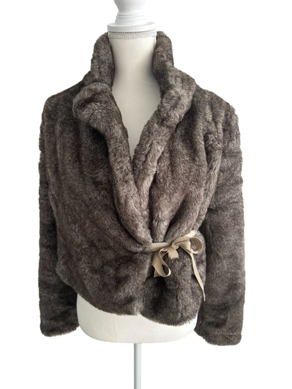 DKNY JEANS Faux Fur Bow Tie Jacket Coat Size M